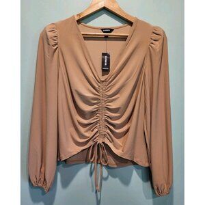 New Express Tan Stretchy Cinched V Neck Long Sleeve Top Sz S